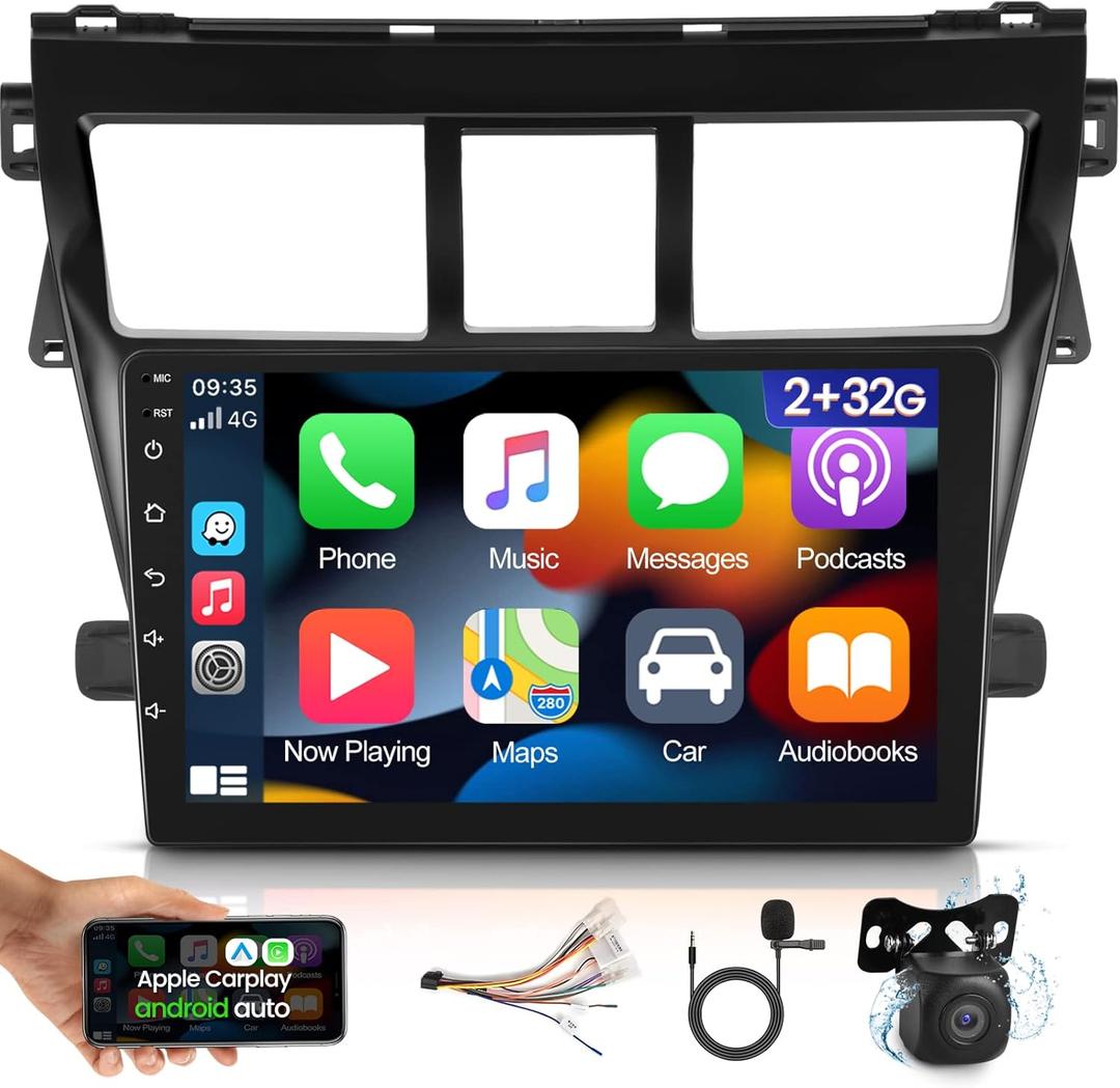 [2G+32G] Car Radio for Toyota Vios Yaris 2007 2008 2009 2010 2011 2012, 9 inch Android Touch Screen Stereo, Carplay/Android Auto/WiFi/1080P/SWC/Bluetooth+AHD Backup Camera+MIC