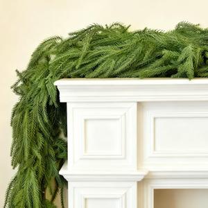 9FT Real Touch Norfolk Pine Christmas Garland with Lights Winter Artificial Faux Greenery Garland for Table Mantle Stairs Fireplace Wall Decor Outdoor Indoor Home Decorations (Battery Not Included)