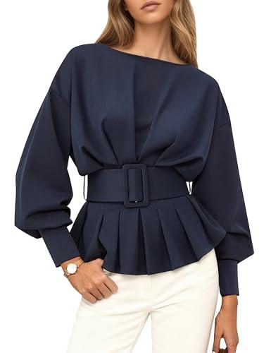 Burtell Boat Neck Long Sleeve Shirts Tops for Women Slim Fit Crew Neck Ruffle Pullover Sweatshirt Fall Peplum Tops with Belt Navy, Blue, Size L