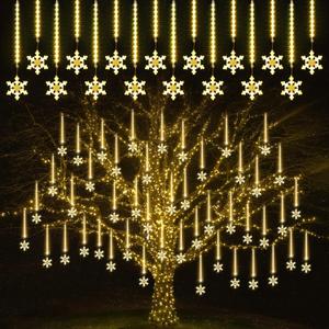 Enhon 2 Pack Meteor Shower Snowflake Lights Outdoor with Timer, Total 480 LED 12in 16 Tube Connectable Waterproof Meteor Rain Drop Christmas Light with Snowflake for Xmas Tree Roof Garden(Warm White)