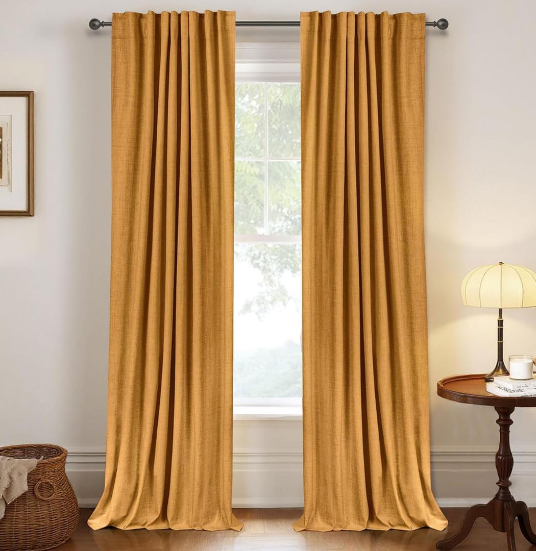 100% Blackout Shield Linen Blackout Curtains for Bedroom 96 Inches Long,Back Tab/Rod Pocket Living Room Drapes,Thermal Insulated Textured Blackout Curtains 2 Panels Set,50" W x 96" L,Mustard Yellow