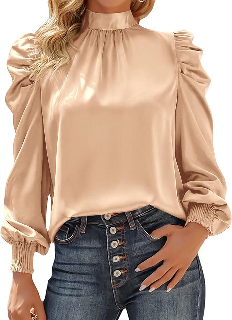 BTFBM Mock Neck Long Sleeve Blouses for Women Dressy Casual Business Work Shirts 2026 Summer Fall Clothes Satin Tops (Large, Apricot)