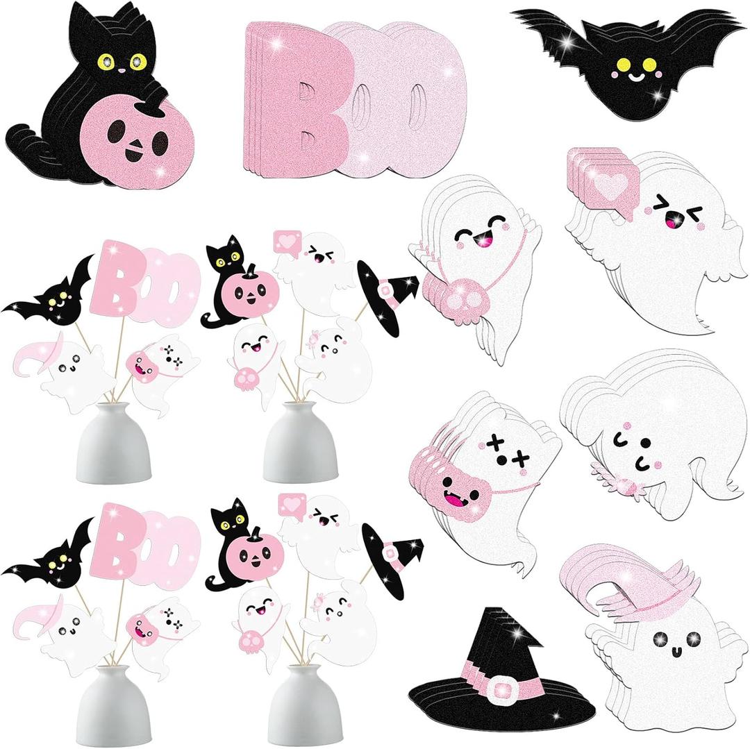 Geyee 36 Pcs Halloween Tables Centerpieces Sticks Ghost Decorations Banner Boo Cake Topper Spooky Decorations Pink and Black Halloween Centerpieces for Table Birthday Baby Shower Party Supplies