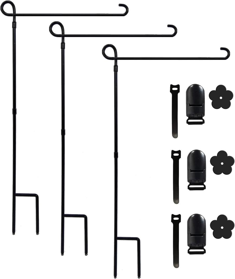 YEAHOME 3PC Garden Flag Holder Stand, Weather-Proof Yard Flag Pole Black Metal Powder-Coated Flagpole with Tiger Clip and Rubber Stopper for Garden Flags Outdoor Decorations