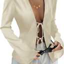 Womens Tie Front Satin Silk Blouse Sexy Deep V Neck Long Sleeve Open Front Club Tops Y2k Going Out Shirts (Beige, XL)