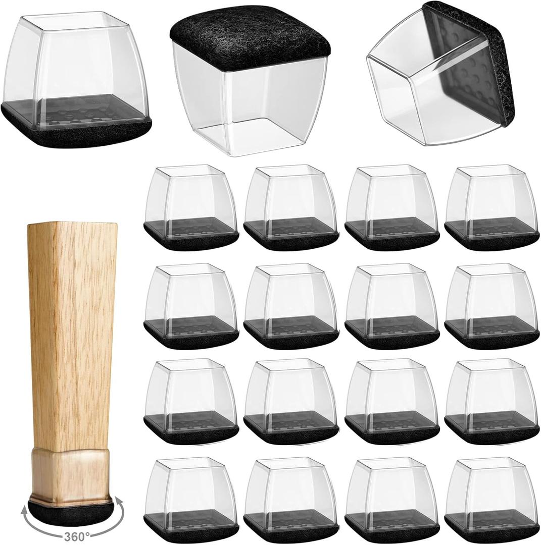 16 Pack Chair Leg Floor Protectors for Hardwood Floors, Round Rubber Furniture Sliders, 360°Felt Pad Bottom Wrapped Thickening Silicone Furniture Legs Caps Covers(Square,Clear-Black-L Plus)