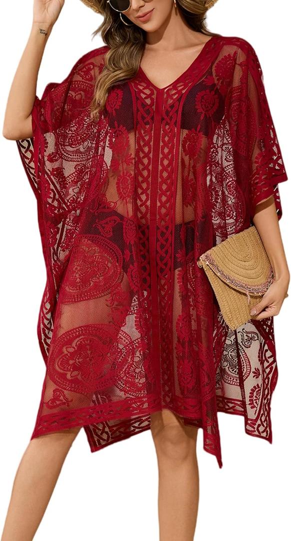 Sexy Elegant Lace Beach Cover Up for Women, Bathing Suit Cover Up, V-Neck Swimsuit Coverup for Poolside, Seaside and Party (Red 2)