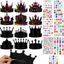 Yinder 130 Pcs Crown Party Favors Halloween DIY Crafts Set 48 Scratch Paper Crowns Headband Hats 24 Wooden Styluses 48 Elastic Bands 10 Sheet Colorful Gem Jewel Stickers