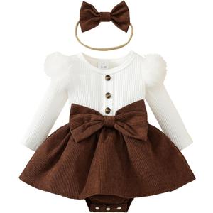 Newborn Baby Girl Spring Outfits Infant Ribbed Romper Dress Ruffle Long Sleeve Clothes Jumpsuit with Bow Headband (6-12 Months, Brown)