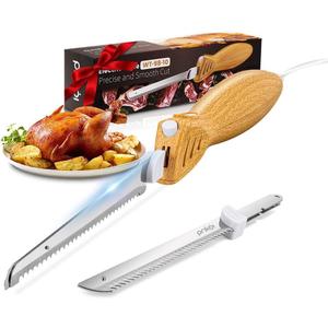 Prikoi Electric Knife - Carving Knife Set, Easy-Slice Serrated Edge Blades for Meat, Bread, Turkey, Ribs, Fillet, DIY, Ergonomic Handle + 2 Blades for Raw & Cooked Food New Upgrade(Faux Wood)