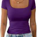 Dwnval Womens Summer Sexy Short Sleeve Square Neck Double Lined Basic Slim Fit Crop T Shirt (Dark Purple, XL)