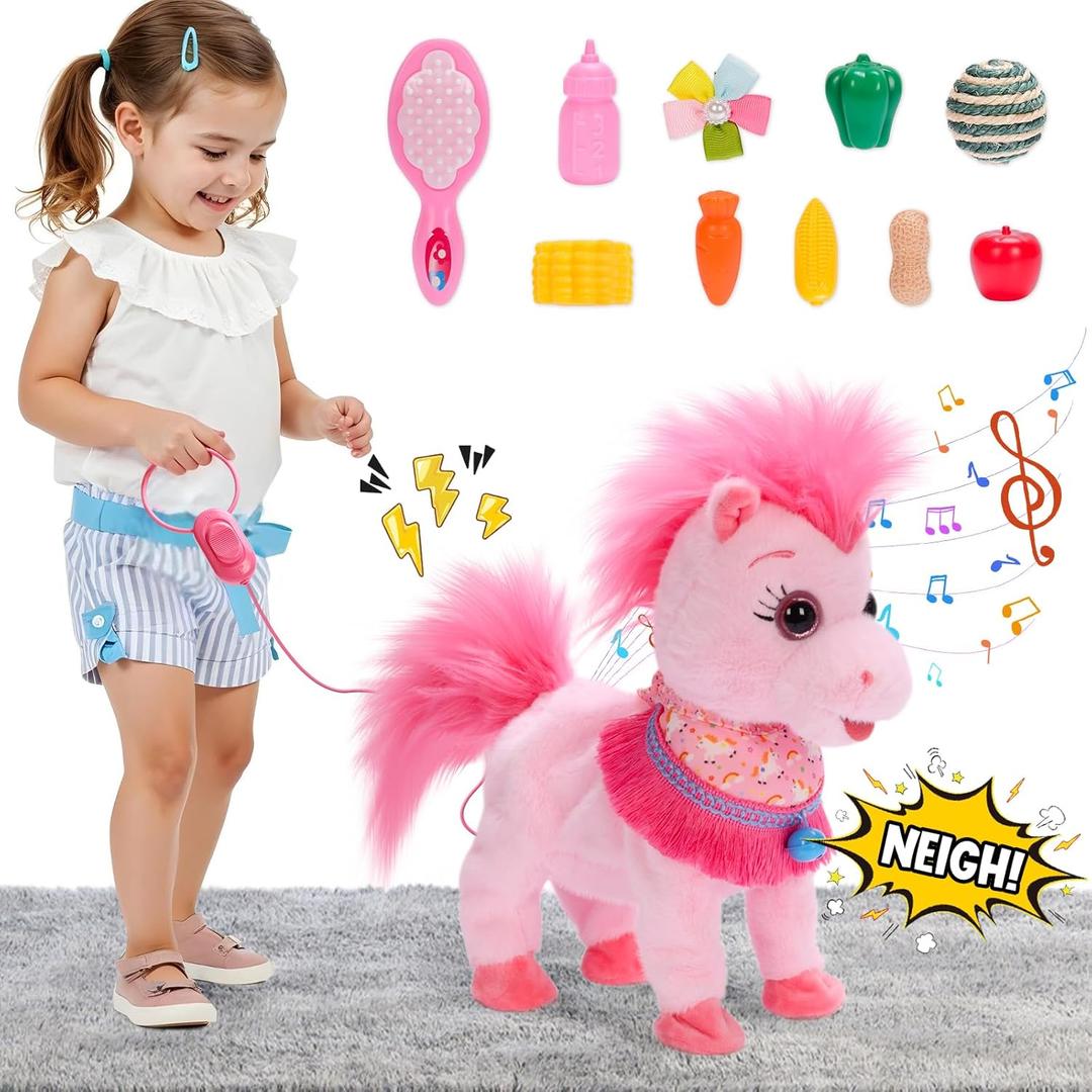 Ylpaprm Pink Walking Pony Set Interactive Talking Singing Dancing Horse Walk Along with Remote Control Leash Plush Pony Pet Toy for Kid, Nod Lick Wag Repeat What You Say, 3+ Girl Boy