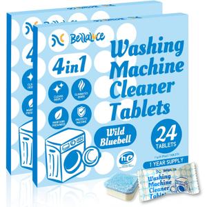 Washing Machine Cleaner Tablets Deodorizer-48 Pack Deep Cleaning Washer Descaler Freshener-Dirt Buildups Stain Odor Remover Spotless -Top Front Load HE Machines Wild Bluebell Foaming 2 Year Supply