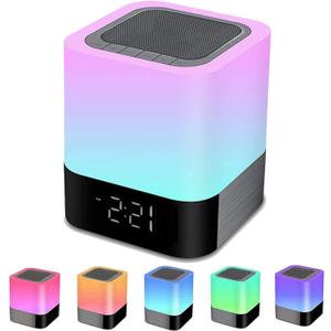 Night Lights Bluetooth Speaker, Alarm Clock Touch Sensor Dimmable Multi-Color Changing Bedside Lamp, MP3 Player, Wireless