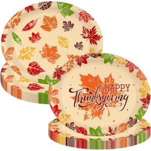 50PCS Thanksgiving Maple Leaf Party Plates Oval Fall Leaves Paper Plates for Birthday Baby Shower Holiday Autumn Harvest Party Supplies Tableware Decorations 25 Guests