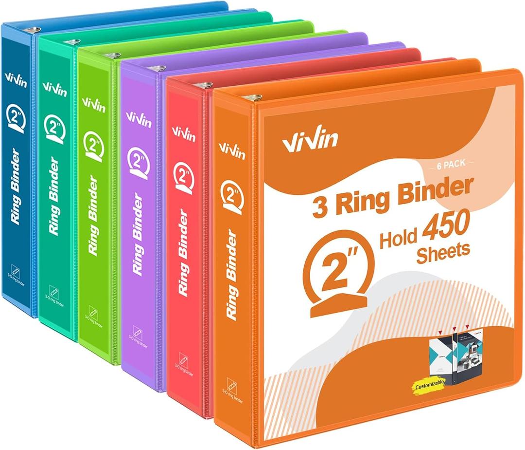ViVin 2 Inch Round Ring View Binder for Durability, Standard 3 Ring Binder for 450 Sheets of US Letter Size Paper, PVC-Free, 6-Pack (Assorted)