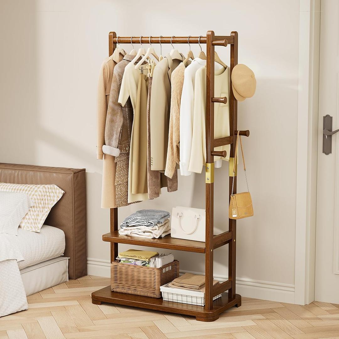 Taitiy Coat Rack Solid Wood Clothes Rack with 2 Shelves & 4 Hooks for Hanging Clothes Garment Wallets Hats, Clothing Rack Heavy Duty Coat Rack Freestanding with Storage Hall Tree for Hallway Bedroom