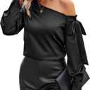 VIDUSSA Women's Off Shoulder Tops Satin Silk Shirts Casual Dressy Blouse Long Sleeve Office Work Tunics (XX-Large)