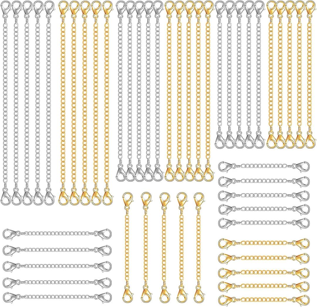 Winee 30pcs Chain Extenders for Necklace, Necklace Extenders for Women Girls Bracelet Anklet Extender Stainless Steel Chain Extenders for Jewelry Making 2in 3in 4in 5in 6in (15 Gold, 15 Silver)