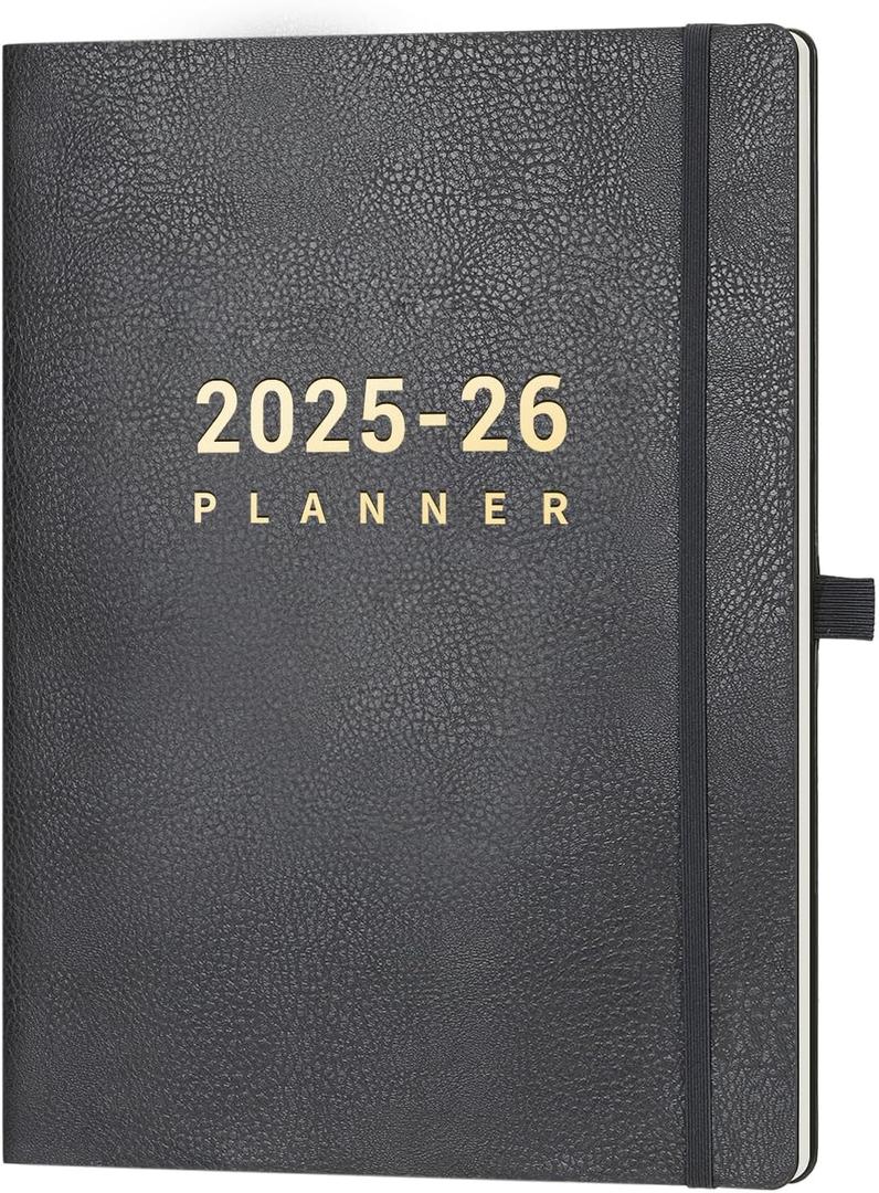 2025-2026 Planner - July 2025 - June 2026, Planner 2025-2026 Daily Weekly and Monthly, 8.5" x 11", Pen Holder, Calendar Stickers, Pocket, 25 Notes Pages, Faux Leather Cover, A4 Premium Paper - Gray (Black)