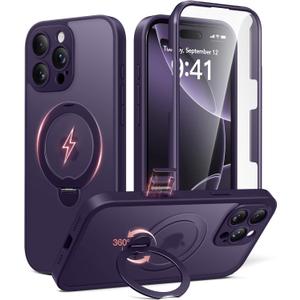 BERFY for iPhone 16 Pro Max Case, Compatible with MagSafe, Built-in 9H Tempered Glass Screen Protector and 360 Spin Magnetic Stand, Full Body Shockproof Phone Case for 16 Pro Max 6.9", Matte Purple
