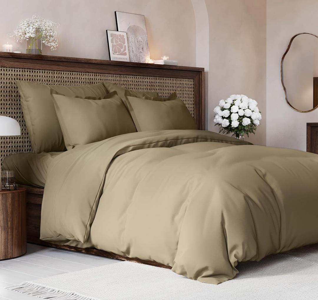 Duvet Cover King Size Set - Extra Soft King Size Duvet Cover 104 x 90 with 2 Pillow Shams - Hotel Luxury, Easy Care and Fade Free with Zipper Closures & Ties - Comfy, Breathable Bedding Set (Khaki) (16 - Khaki (No Comforter))
