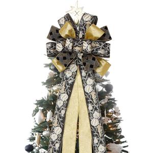 Choies Christmas Tree Topper Bow,53x13 Inches Large Christmas Bow with Glitter Streamer and Patterned Ribbon,Black and Gold Tree Topper Bows for Xmas Tree Wreaths Door Staircase Home Decor
