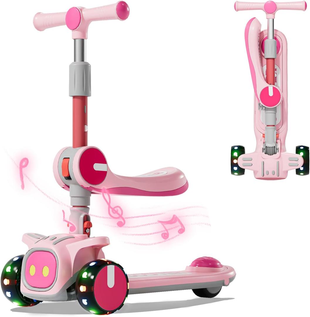 Unbreakable & Never Fall Down 2-in-1 Scooters Kids 3 Wheel Kick Scooter for Boys Girls Ages 3-8, Adjustable Height & Seat, Widened Non-Slip Deck, More Safer for Beginner Toddlers (Light pink (type 2))
