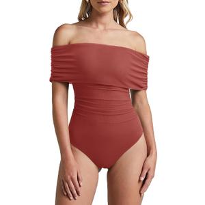 REORIA Womens Bodysuit Sexy Off Shoulder Mesh Leotard Thong Body Suits Outfits for Going Out Tops (Large, Rusty Red)