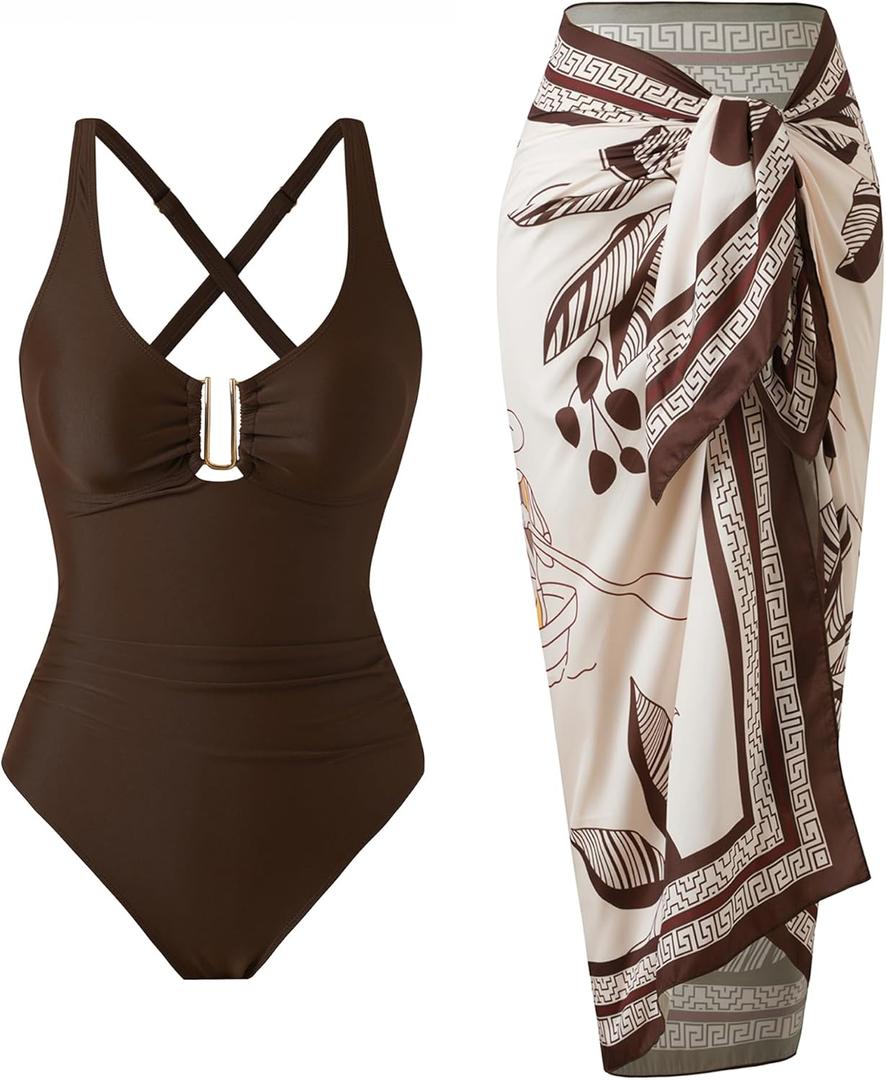 One Piece Swimsuit Women with Cover Up Set Retro Bathing Suit for Women Tummy Control Beach Wrap Skirt (Large, Brown)