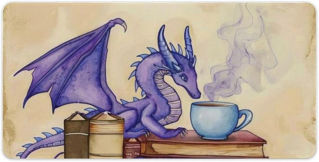Funny Coffee Book Dragon Mouse Pad Gaming Large Cute Mousepad Vintage Desk Mat Pad for Laptop Keyboard and Mouse Non-Slip Rubber Office Desk Accessories 23.6" X 11.8"