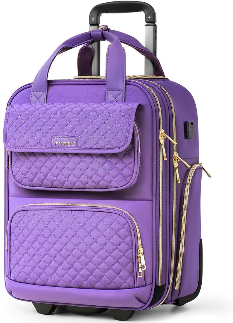Underseat Carry On Luggage with Wheels, Airline Approved Personal Item Bag, 17-Inch Multi-functional Rolling Bag, Lightweight Overnight Suitcase for Women, Bussiness, Travel, Purple