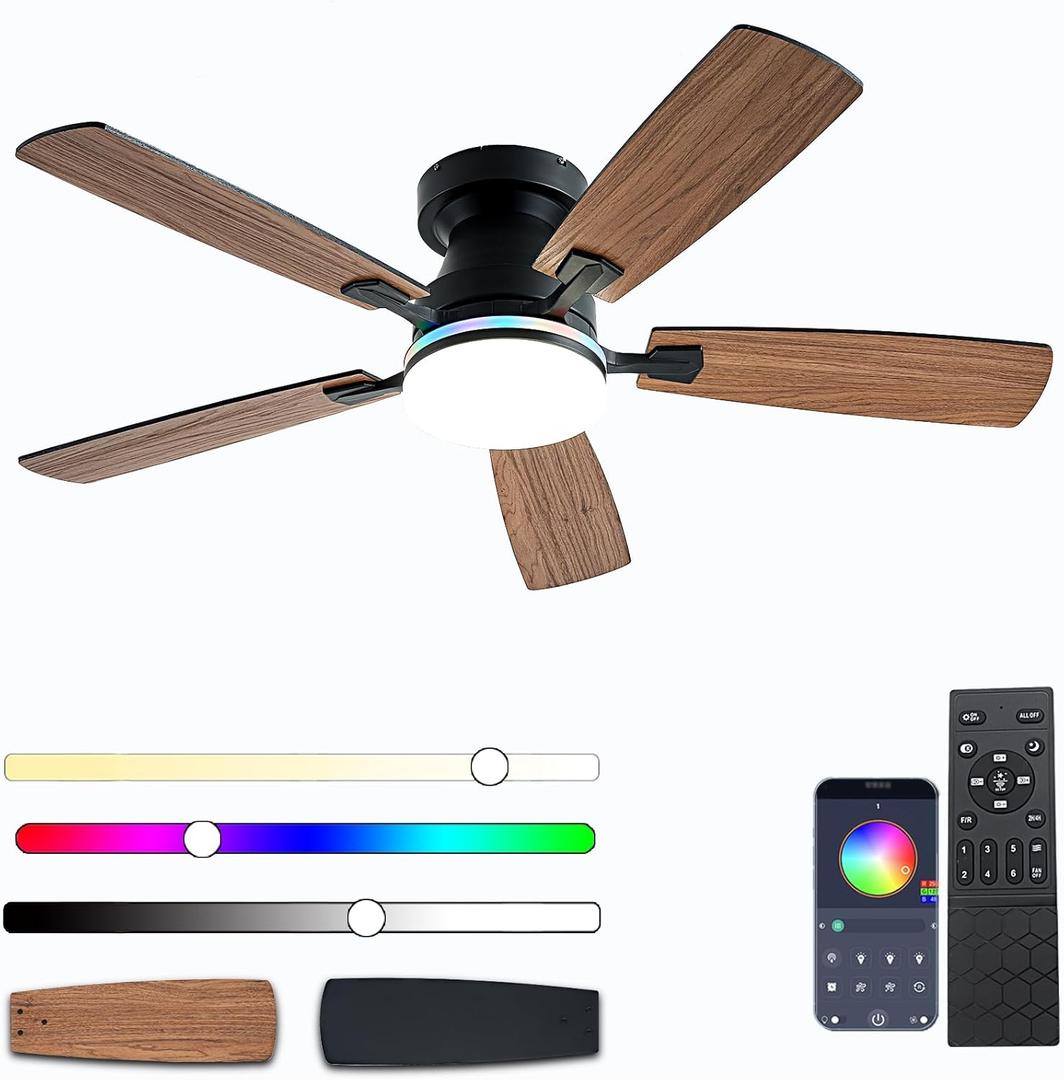 Ceiling Fans with Lights, 48 inch Low Profile Ceiling Fan with Light and Remote Control, Flush Mount RGB Dimmable Light, Noiseless, Brown Ceiling Fan for Bedroom Indoor/Outdoor Use