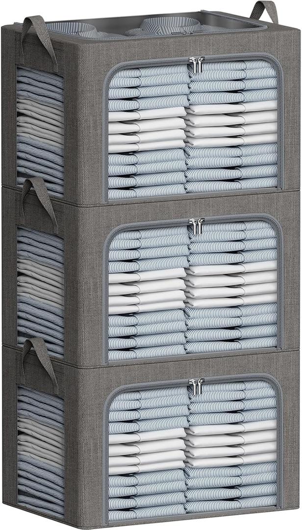 Clothes Storage Bins with Metal Frame Large Foldable Storage Organizer Bin for Clothes 66L Linen Fabric Storage Box with Lid Clear Window (Dark Grey, 19.7x15.7x12.6inch(66L))