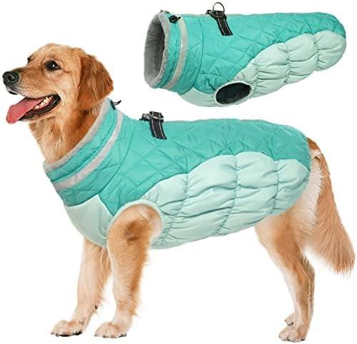 Lelepet Dog Coat Warm Dog Winter Coat Waterproof Dogs Jacket with Harness Built in Reflective Pet Fleece Vest Zip-Up Cold Weather Coats for Large Dogs Turtleneck Windproof Boston Terrier Mint Green L