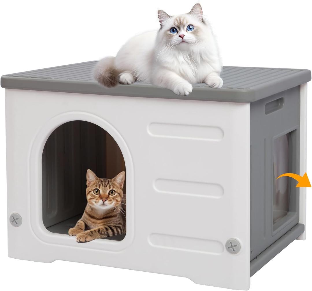 Rockever Plastic Cat House Outdoor with Escape Door, Waterproof Feral Cat House Outdoor Indoor, Sturdy Cat House for Outdoor Cats, Assemble Easily-Grey