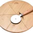 Depot Bamboo 13.5'' Round Cutting Board with Stainless Steel Cutter - Wood Pizza Slicing Tool & Serving Board