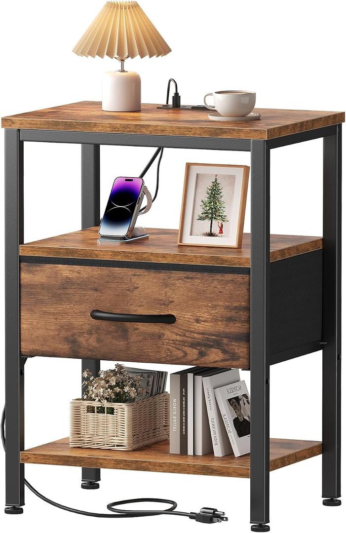 OLIXIS Nightstand with Charging Station, Bedside Tables with USB Ports and Fabric Drawer, Small Night Stand with Open Adjustable Shelf, Compact End Table for Bedroom, Rustic Brown