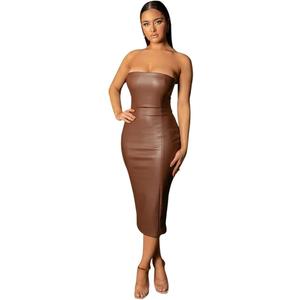 XLLAIS Women Sexy Strapless Tube Top Club Midi Dress Off Shoulder Bodycon Party Faux Leather Dress (Small, Brown)
