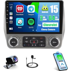 2+64G Android 15 Car Stereo for Chevrolet Chevy Camaro 2010-2015,9 inch Touch Screen Radio Wireless Apple CarPlay Android Auto 26UI WiFi GPS FM RDS Bluetooth+Free AHD Backup Cam