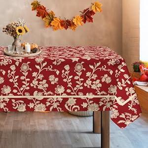 Arquiel Red Vintage Tablecloth Waterproof, Floral Table Cloth Rectangle Stain Resistant, Washable Table Cover for Christmas Kitchen Dining Party Decoration (55×70 inch)