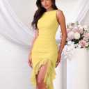BORIFLORS Women's Sexy Elegant Boat Neck Bodycon Midi Dresses Ruffle Hem Sleeveless Ruched Cocktail Party Tank Dress, Small, Yellow