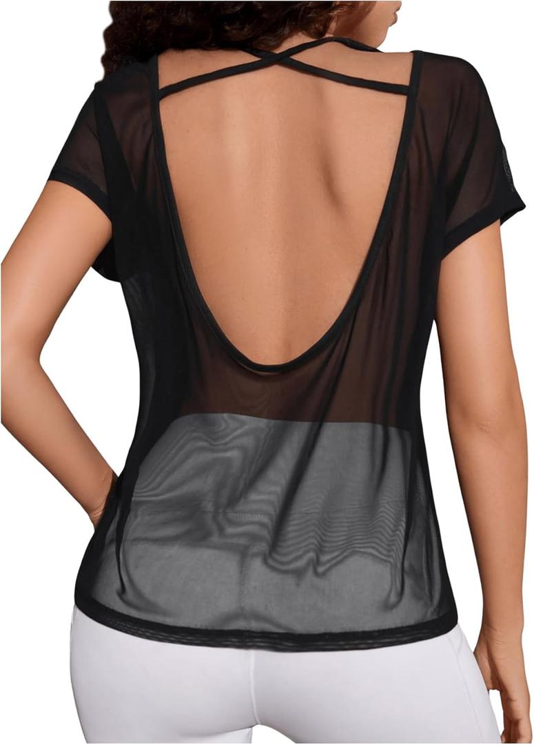 OYOANGLE Women's Criss Cross Open Back Sheer Sports Shirts Short Sleeve Crew Neck Workout Tops (Black, M)