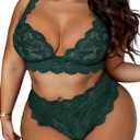 JuicyRose Women Plus Size 2 Piece Lingerie Sexy Floral Lace Scallop Trim Bralette and High Waist Panty Set (Green), 4XL