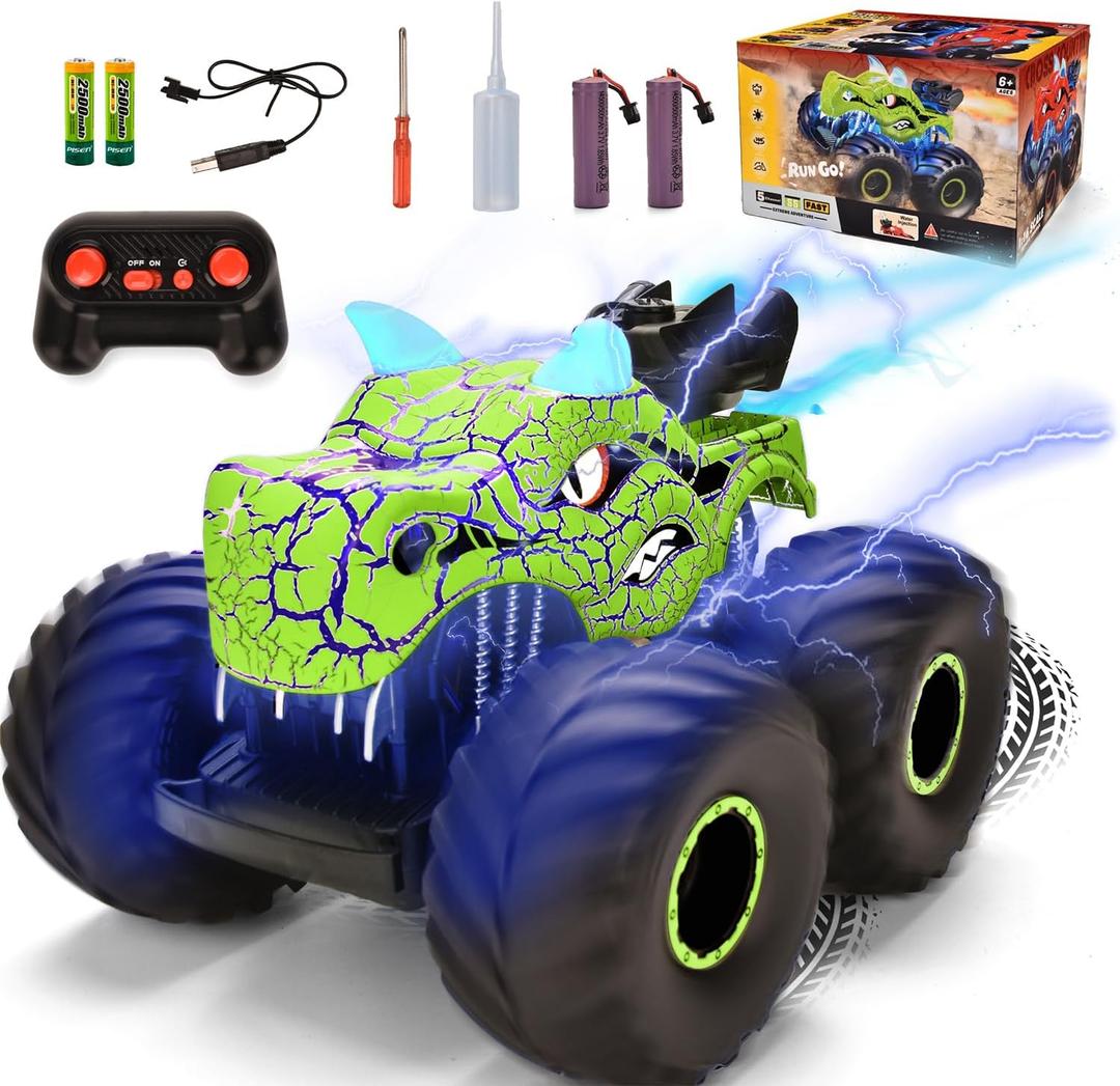 Remote Control Dinosaur Car Toys for Kid Boys, 2.4GHz RC Monster Truck Toys with Spray, Light, Sound, All Terrain Rechargeable Electric RC Car Toy, Gifts for 4-7 8-12 Kids (Green)