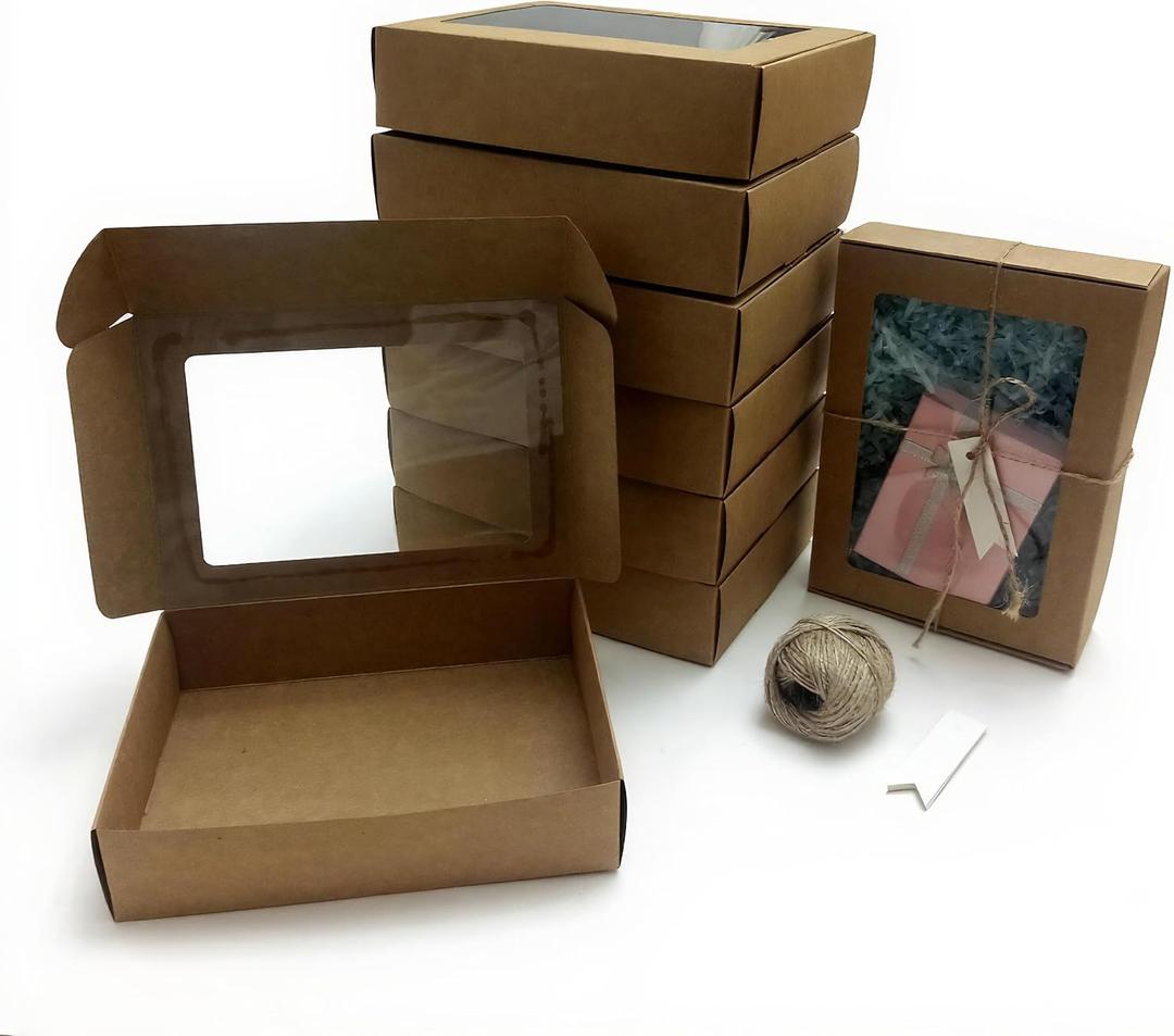 SULALIN 20 Pack Rectangular Gift Boxes with Clear Window Lids,8.2"x5.9"x1.9" Cardboard Boxes with Twine & Tags for Bridesmaid Proposal,Kraft Gift Wrap Boxes Packaging For Chocolate (brown,kraft)