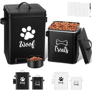Teenyyou 2 Pcs Metal Dog Treat Containers with Airtight Lids and Spoon 7+3 Lbs Dog Food Snack Jars with DIY Labels Big Pet Cookie Storage Jar for Kitchen Counter(Black)