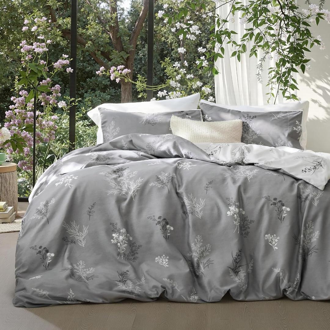 Bedsure Duvet Cover Queen Size - Reversible Floral Duvet Cover Set with Zipper Closure, 3 Pieces Grey Bedding Set with 8 Corner Ties and 2 Pillowcases 20"x26" (01 - Grey/White (No Comforter))