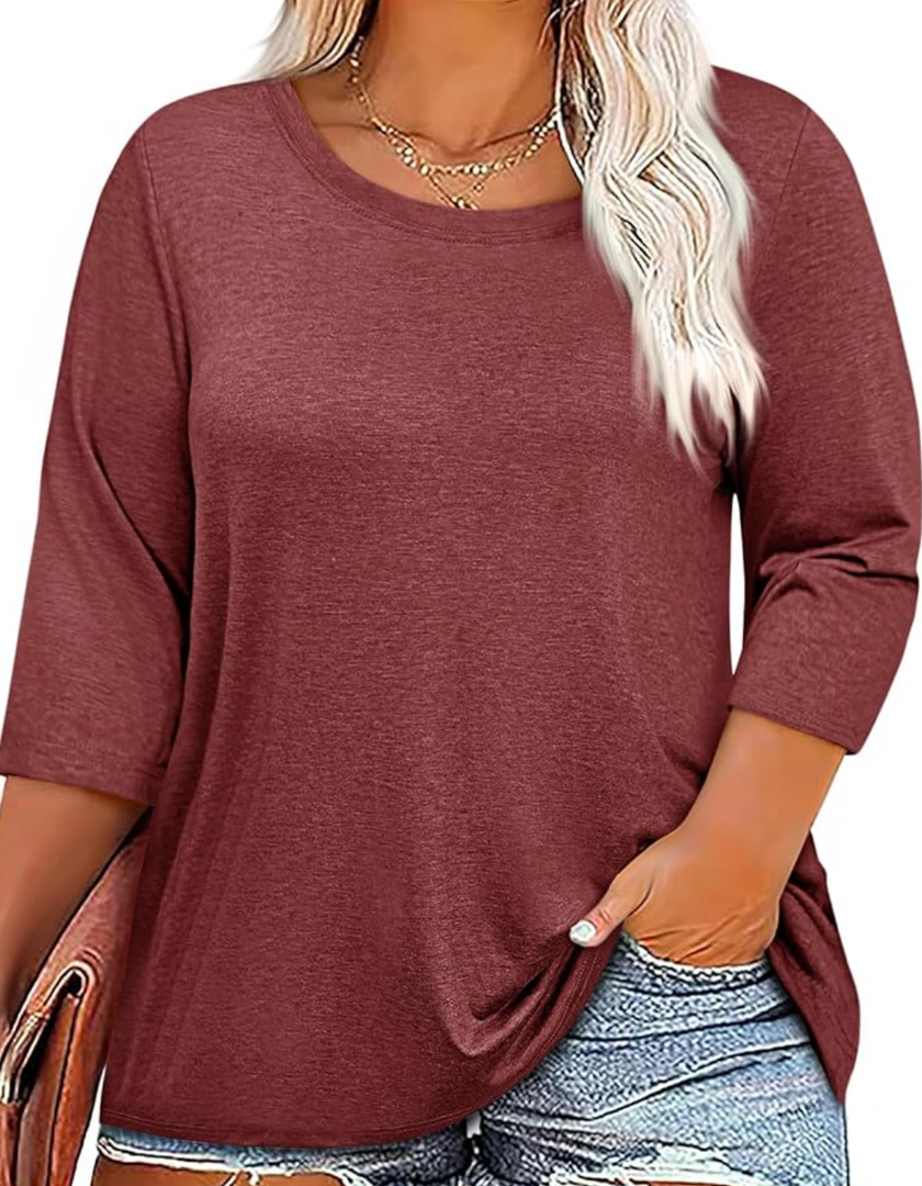 Beautife Plus Size Tops for Womens 3/4 Sleeve Casual T Shirts Loose Fit Tunic Blouse, XL