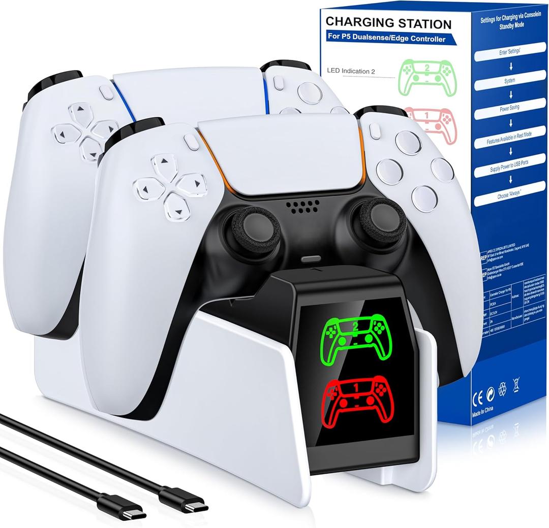 PS5 Controller Charging Station Compatible with PlayStation 5 Dualsense/Edge PS5 Charger Station w USB C Cable & LED Indicator Fast Charging Compatible with Sony PSP Games (White-No Adapter)